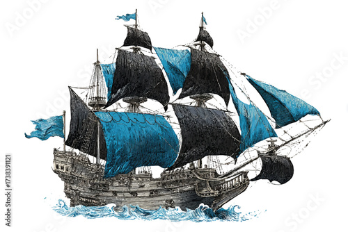 Majestic galleon sailing on the ocean waves vintage engraving style nautical vessel illustration