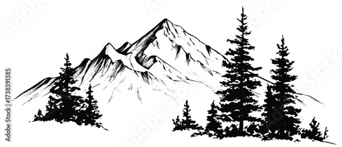 Majestic Mountain Landscape with Evergreen Trees in a Black and White Sketch Composition