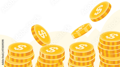 Stacks of gold coins growing upward with falling coins