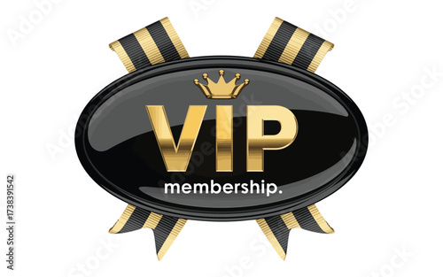Exclusive vip membership badge with golden crown and ribbons