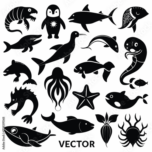 Collection of black and white marine life silhouettes for design projects