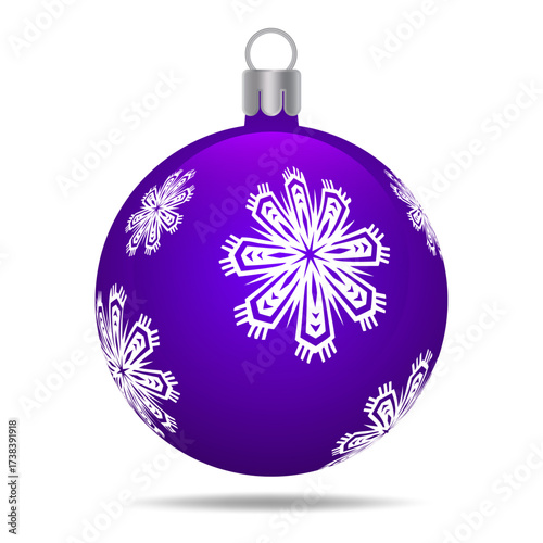Purple sphere ornamented with white snowflakes hangs against a clean transparent background