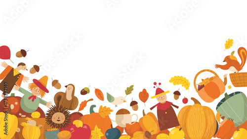 Whimsical autumn harvest festival elements border on white background