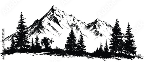 Majestic mountain range silhouette with evergreen trees monochrome nature scene for outdoor adventure themes