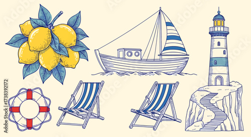 A charming collection of nautical and summer-themed illustrations, featuring lemons, a sailboat, a lighthouse, deck chairs, and a lifebuoy.