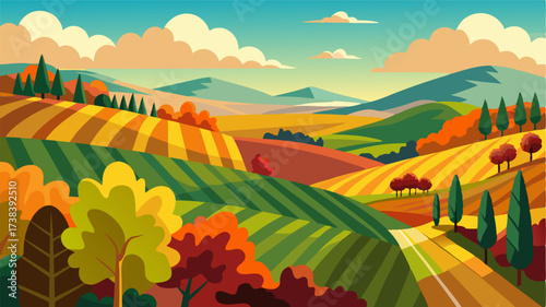 A vineyard overlooking a valley of rolling hills its vines ablaze with vivid autumn colors a stunning display of natures beauty.
