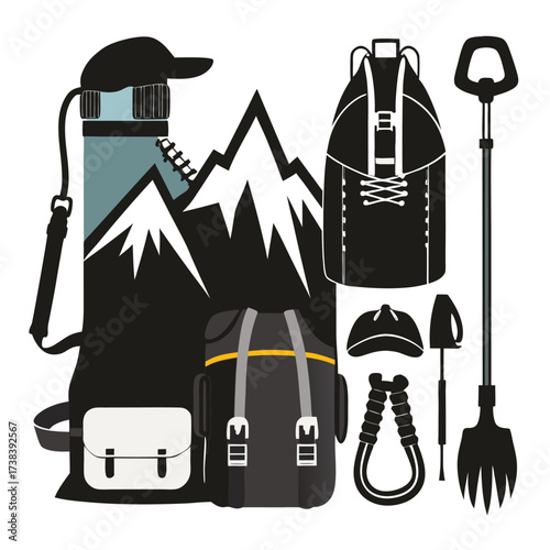 Collection of diverse mountain climbing and outdoor adventure gear silhouettes for design projects