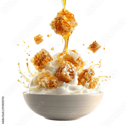 golden honeycomb chunks falling into greek yogurt
