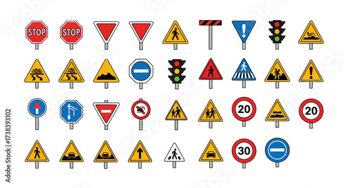 Collection of international traffic and road safety signs with diverse symbols for navigation and regulation