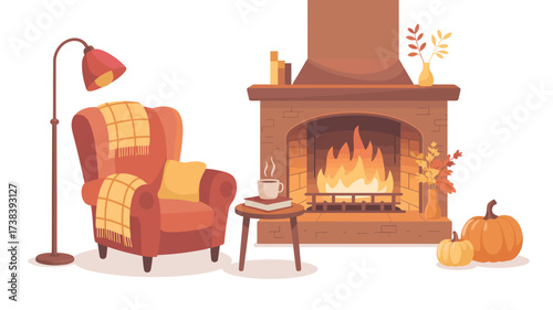 Cozy armchair by a warm fireplace with autumn decorations