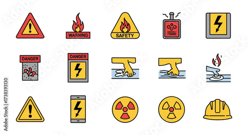 Set of hazard warning symbols and safety icons for industrial and construction use