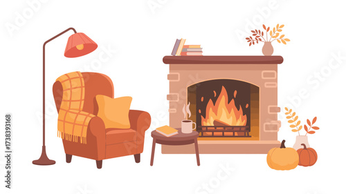 Cozy autumn living room scene with fireplace and armchair