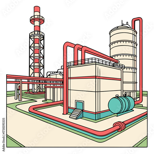 Industrial complex with storage tanks pipelines and a tall smokestack in a simplified illustrative style