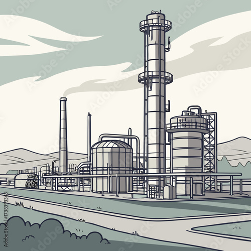 Industrial chemical plant with tall towers and pipelines under a cloudy sky in a stylized illustration