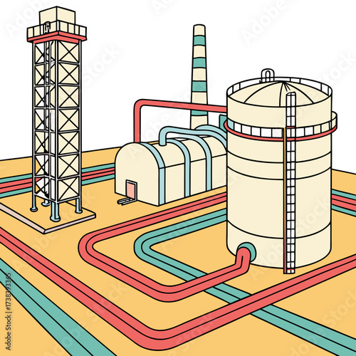 Industrial facility with storage tanks a smokestack and a tall tower connected by pipelines and conduits