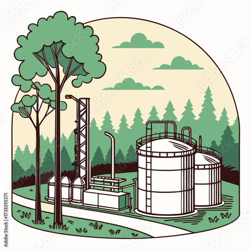 Industrial facility with storage tanks and processing equipment nestled within a serene forest landscape