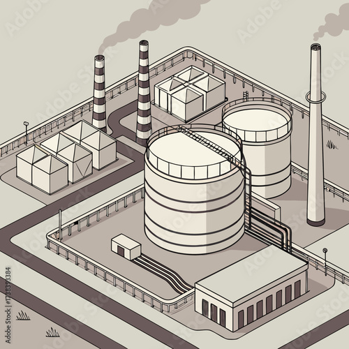 Industrial facility with large storage tanks smokestacks and processing buildings depicted in a simplified isometric illustration style