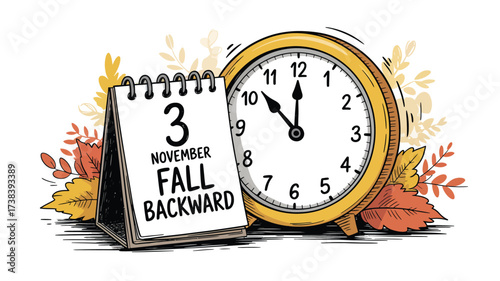 Fall back clock change reminder with autumn leaves and calendar
