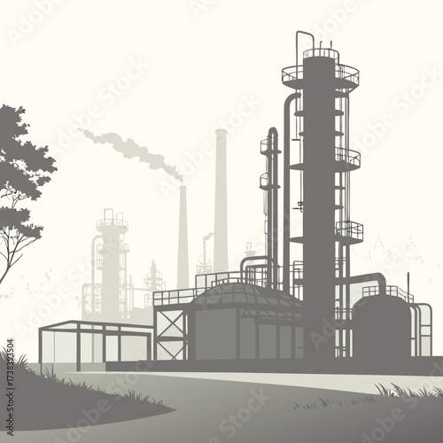 Industrial landscape with silhouettes of oil refinery towers and smokestacks emitting smoke against a hazy sky