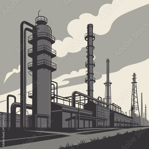 Industrial landscape with tall smokestacks and complex pipe systems under a cloudy sky