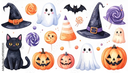 Fun and cute Halloween icon set including ghosts pumpkins black cats bats hats candies and lollipops. Watercolor style perfect for kids and holiday themes. Festive october graphic