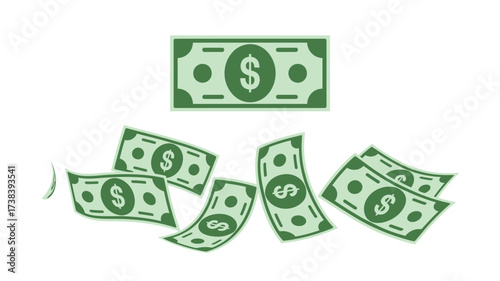 Green dollar bills falling and floating in the air