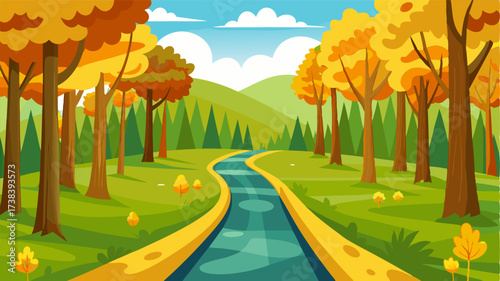 Golden leaves blanket the forest floor leading the way to the crystalclear stream that winds through the vibrant green trees.