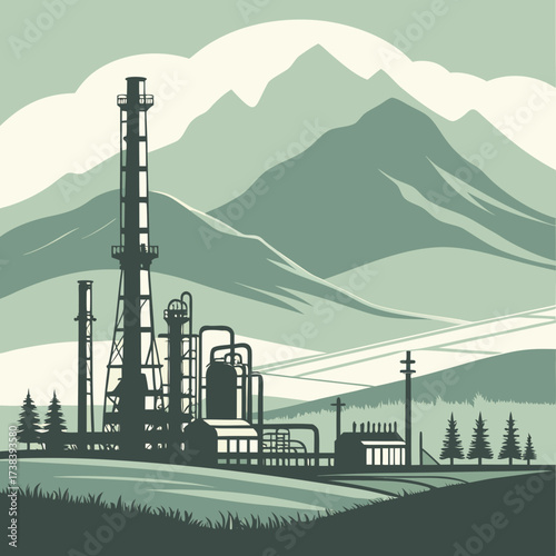 Industrial oil refinery complex silhouetted against majestic mountains and a pale sky in a stylized landscape