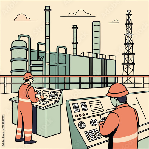Industrial workers in hard hats and safety vests operate complex control panels at an oil refinery or chemical plant