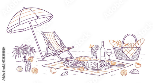 A delightful beach picnic scene with a striped umbrella, lounge chair, picnic basket, and food spread on a blanket.