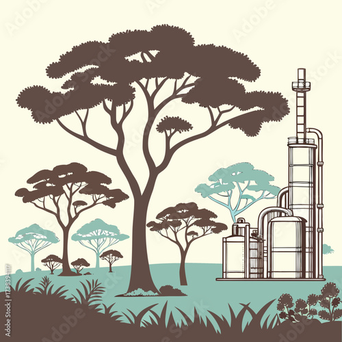 Stylized illustration of an industrial oil refinery plant set against a backdrop of african savanna trees and vegetation