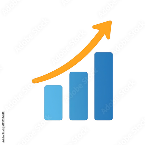 Concept of growth and progress in business. An upward trending bar chart with an orange arrow symbolizes increasing success, positive development, and improved performance metrics