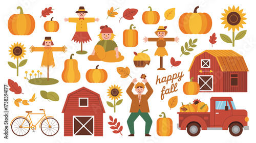 Autumn harvest collection with scarecrows pumpkins barns and a truck