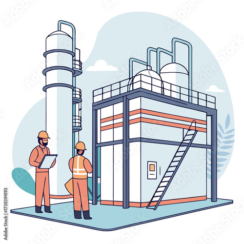 Two industrial workers in hard hats and safety vests inspecting a modern chemical plant facility with large storage tanks and pipes