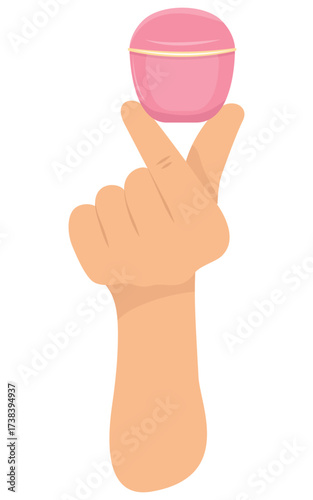 Isolated drawing of hand holding a cute pink jar of cream with its fingers. Vector empty template with copy space. Editable design of cosmetic products. Velvet delicate skin from fingertips to elbow