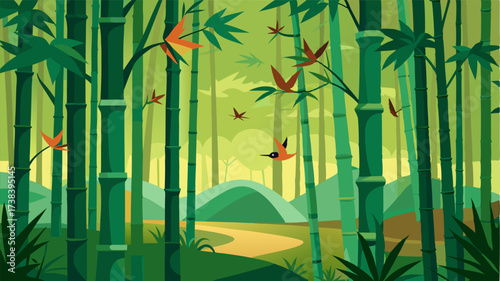 A symphony of chirping birds and rustling bamboo leaves fill this serene bamboo grove creating a tranquil escape from the chaos of daily life.