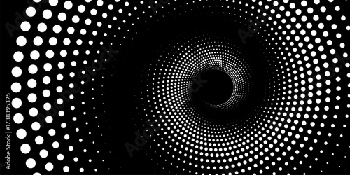 An illustration with bright concentric circles of white dots on a dark background. The composition creates a sense of movement and depth, as if the viewer is looking into a funnel or tunnel of light. 