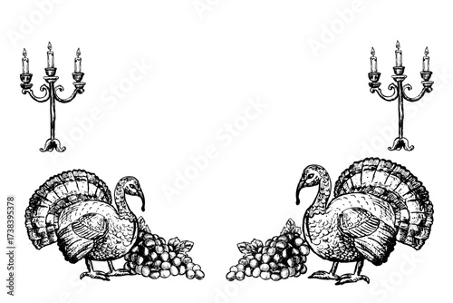Vintage thanksgiving dinner border template for invitation cards, covers. Hand drawn engraving sketch of thanksgiving day turkey, harvest feast elements, candles.
