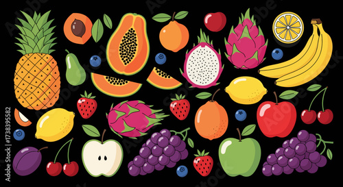 Colorful assortment of various fruits including pineapple, papaya, dragon fruit, bananas, grapes, apples, and berries on a black background.