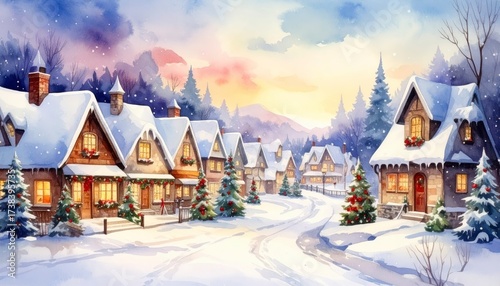 Wallpaper Mural A watercolor of a christmas village . Festive season art paint winter town scene holiday home decor idea handmade gift. Torontodigital.ca
