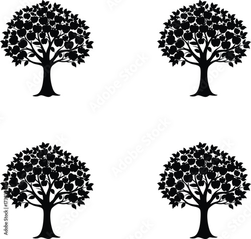 Vector silhouette apple trees with detailed branches and leaves illustration. 