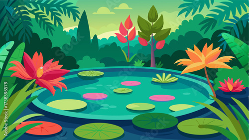 A tranquil pond filled with vibrant lilies provides a serene backdrop for groups of lush green ferns and vibrant bromeliads.