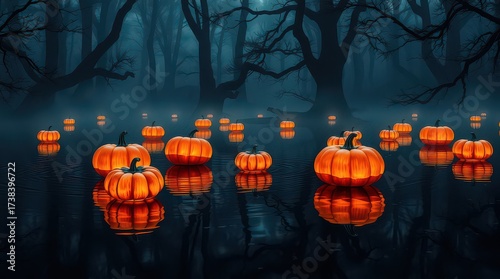 Halloween pumpkins reflecting in a dark lake under the moonlight in the forest