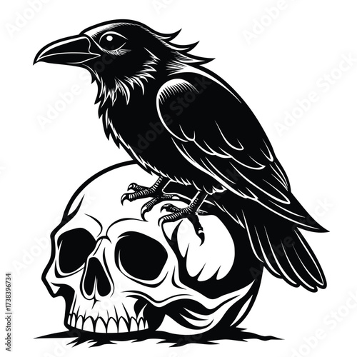 A black raven perched atop a detailed human skull in a striking black and white illustration