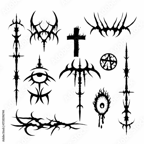 Set of Neo tribal cyber gothic abstract symbol element, burning cross, vector design for tattoo ideas, metal merch, or dark aesthetics streetwear print apparel