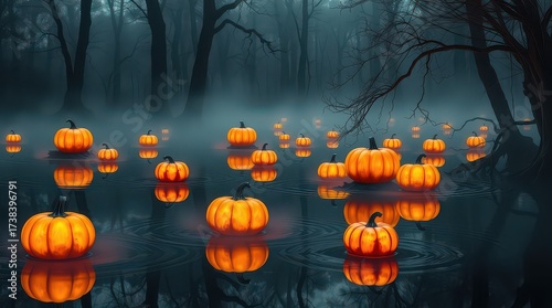 Mystical halloween pumpkins floating on a misty lake in the dark forest at night