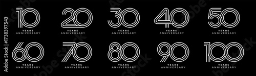 Set of vector logo designs for 10th to 100th anniversary, in white color for celebrations, weddings and birthdays