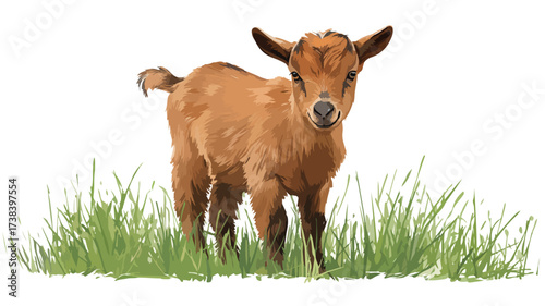 Adorable Brown Baby Goat Standing in Lush Greenery