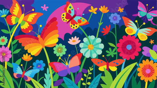 A vibrant rainbow of butterflies flutters a the wildflowers creating a dazzling display of colors in the tropical jungle.