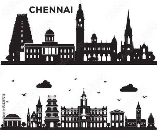 Art & IllustrationChennai black bulding icon set.Chennai skyline horizontal banner.